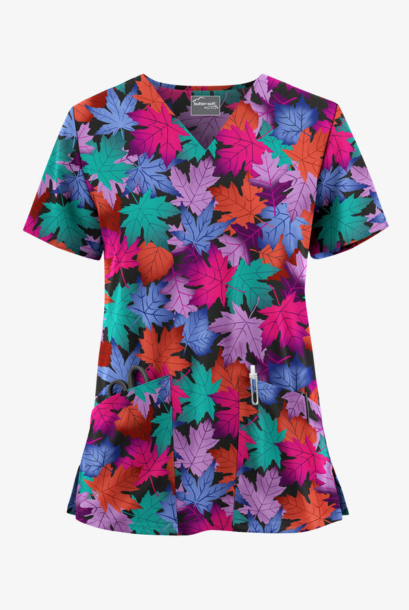 Butter-Soft STRETCH Autumn Foliage Women's 2-Pocket V-Neck Print Scrub Top - null - 1