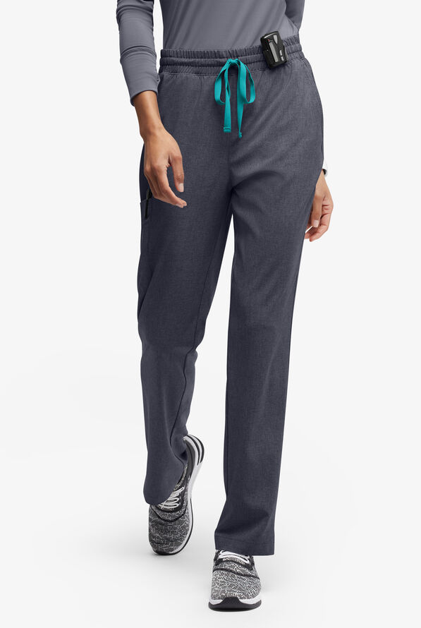 Easy STRETCH Naya Women’s Natural Waist 6-Pocket Straight Leg Scrub Pants - Petite - Charcoal Heather/Teal - 1