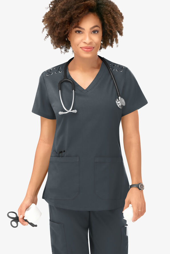 Blusa m&eacute;dica Easy STRETCH Leila con ojales con lazos y 3 bolsillos para mujer - Pewter - 5