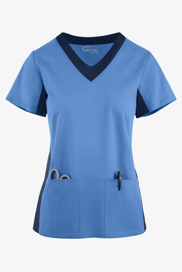 Butter-Soft STRETCH Women's 3-Pocket Contrast Scrub Top - Ceil/Navy - 1