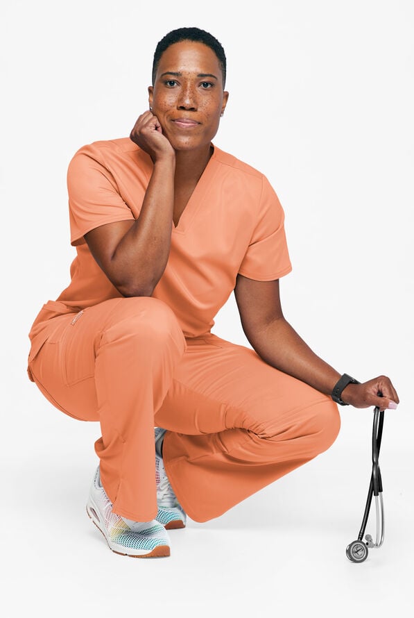 Cherokee Workwear Revolution Women's 3-Pocket STRETCH V-Neck Scrub Top - Papaya Juice - 3