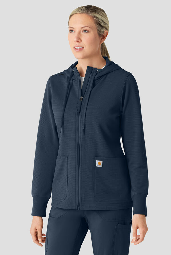 Carhartt Force Rugged Flex Women's 4-Pocket Zip Waffle Hoodie Scrub Jacket - Navy - 2