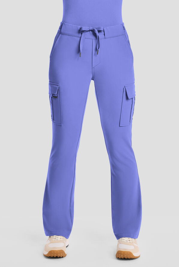 Healing Hands Quest Blair Women's 6-Pocket STRETCH Flare Leg Drawstring Cargo Scrub Pants - Petite - Ceil Blue - 1