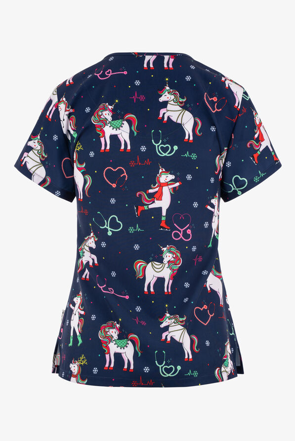 Zavate Ava Therese Jolly Nursicorn Unicorn Women's 2-Pocket STRETCH V-Neck Print Scrub Top - null - 2
