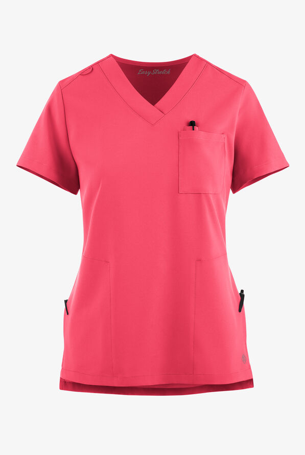 Easy STRETCH Taylor Women's 3-Pocket High Low Hem V-Neck Scrub Top - Bright Watermelon - 6