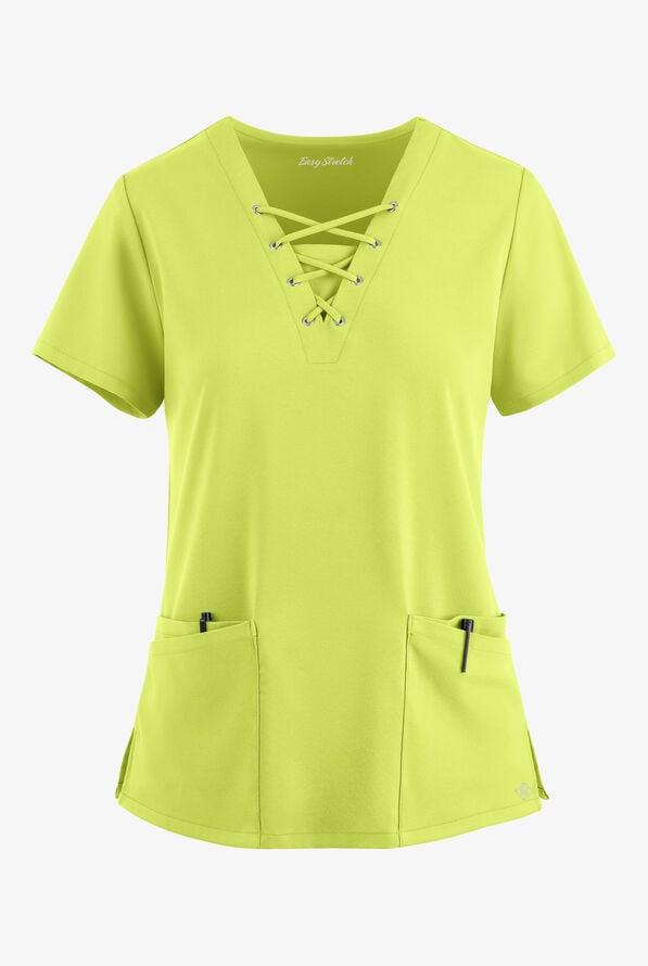 Easy STRETCH Gisele Women's 4-Pocket Lace Up V-Neck Scrub Top - Fresh Lime - 1