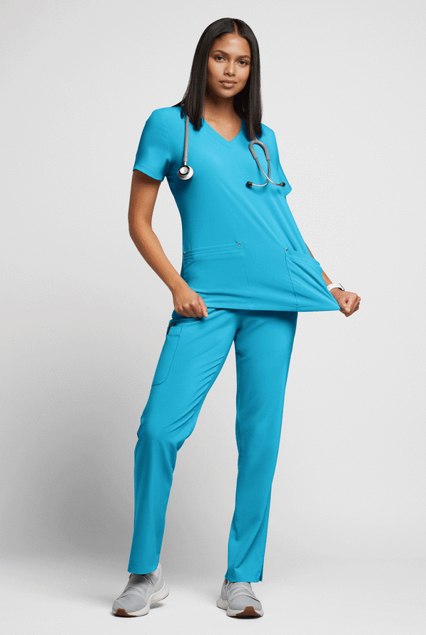Easy STRETCH Lina Mitered Women's 4-Pocket V-Neck Scrub Top - Turquoise - 4