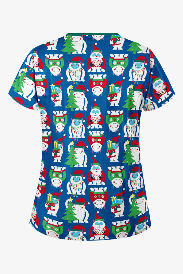 Butter-Soft Happy Monsters Royal Women's 4-Pocket Princess Seam Print Scrub Top - null - 2