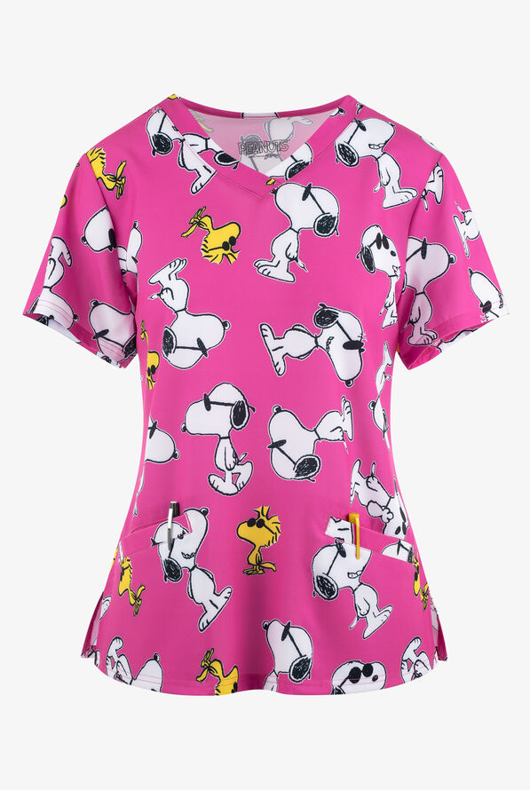 FUNSCRUBS Peanuts Stylish Snoopy Everywhere Women's 2-Pocket STRETCH V-Neck Print Scrub Top - null - 1