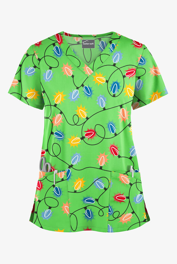 Butter-Soft Fairy Lights Grass Green Women's 4-Pocket Rounded V-Neck Printed Scrub Top - null - 1