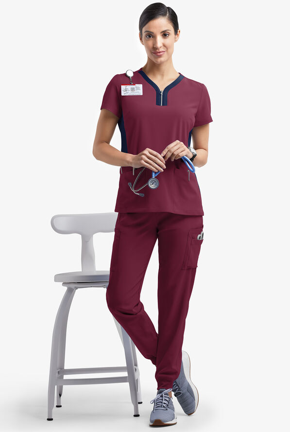 Easy STRETCH Lily Women's 4-Pocket Zip Neck Henley Scrub Top - Wine/Navy - 2