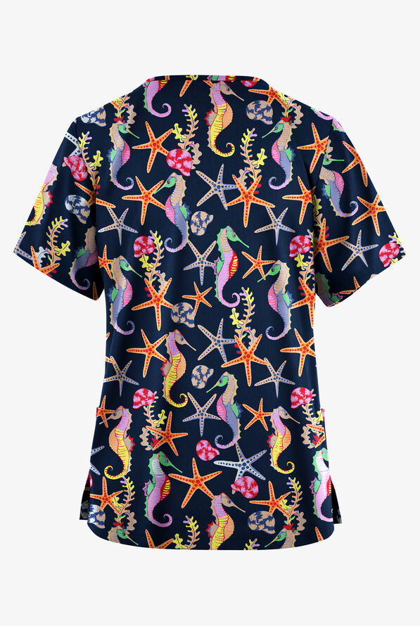 Butter-Soft Originals Seahorse Fantasy Navy Women's 2-Pocket V-Neck Print Scrub Top - null - 2