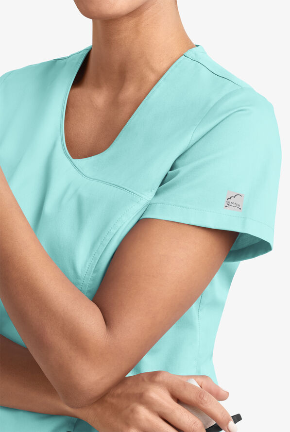 Blusa m&eacute;dica UA Butter-Soft STRETCH estilo cruzado con cuello en V y 3 bolsillos para mujer - Aqua Moon - 3