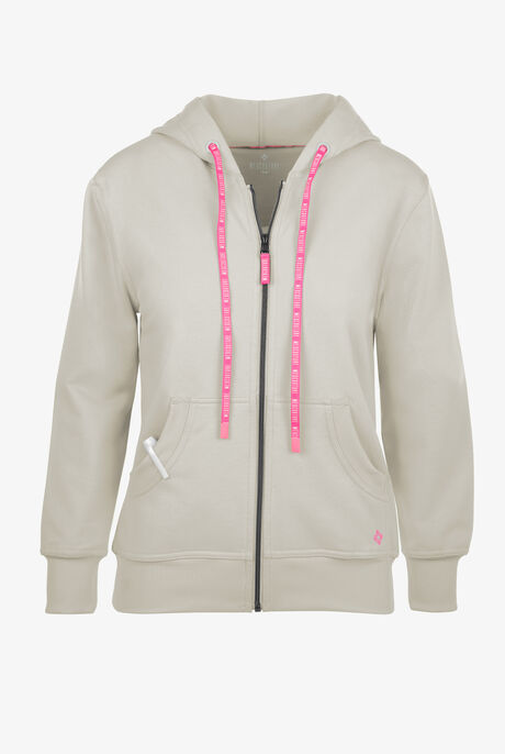 Med Couture Amp Women's 2-Pocket STRETCH Knit Embossed Logo Zip Hoodie Scrub Jacket