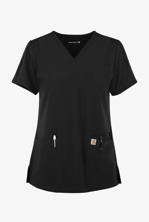 Carhartt Cross-Flex Force Women's 3-Pocket STRETCH Knit Panel Scrub Top - Black - 1