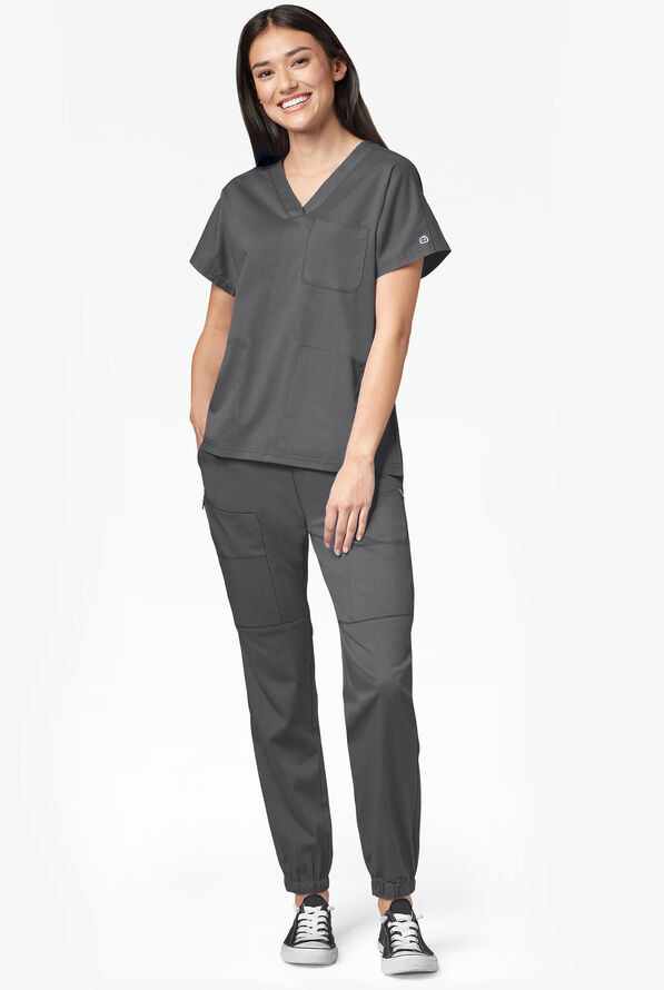 WonderWink PRO Women's 8-Pocket STRETCH Elastic Waist Cargo Jogger Scrub Pants - Pewter - 2