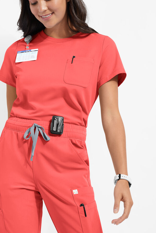 ReSurge Citrine Women's 1-Pocket Crew Neck Tuck In / Wear Out Scrub Top - Sunset Rose - 1