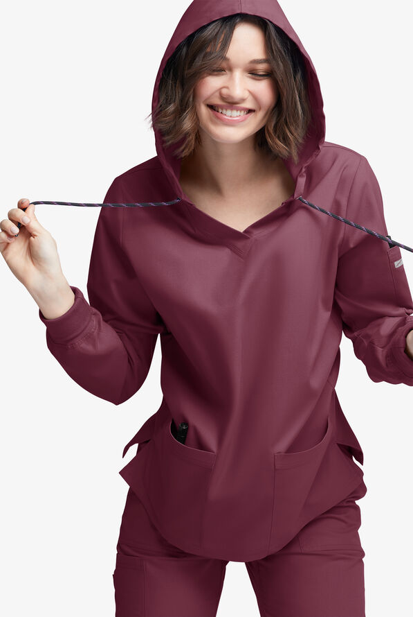 Strictly Scrubs Women's 5-Pocket Long Sleeve Pullover Hoodie - Wine - 3