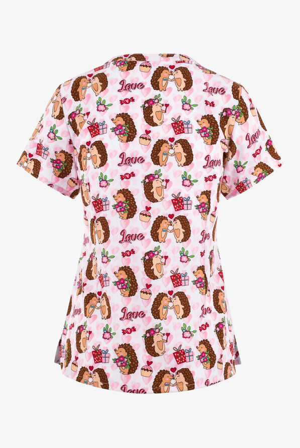 Maevn Hedgehog Honey Love Women's 3-Pocket STRETCH V-Neck Print Scrub Top - null - 2