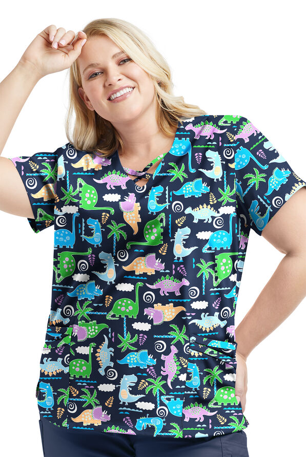 Butter-Soft STRETCH Stompin' Dino Turquoise Women's 4-Pocket Crisscross Print Scrub Top - null - 2
