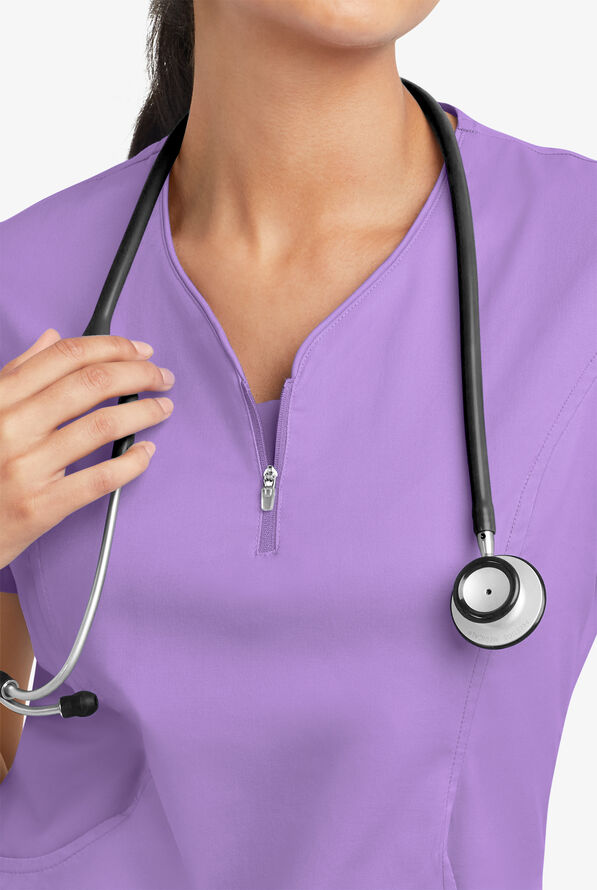 Butter-Soft STRETCH Women's 4-Pocket Curved Neck Zipper Scrub Top - Ultraviolet Light - 5
