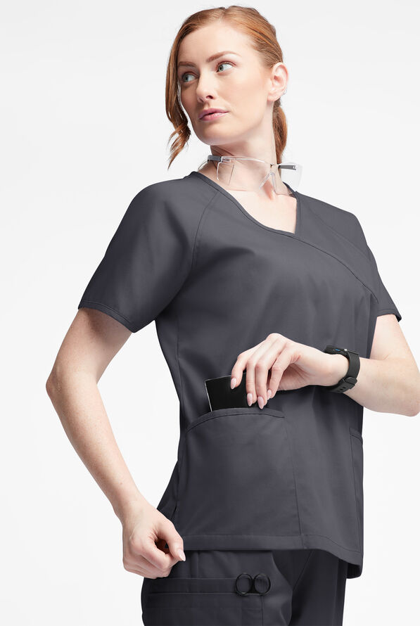 Butter-Soft Originals Women's 3-Pocket Mock Wrap Raglan Sleeve Scrub Top - Pewter - 2