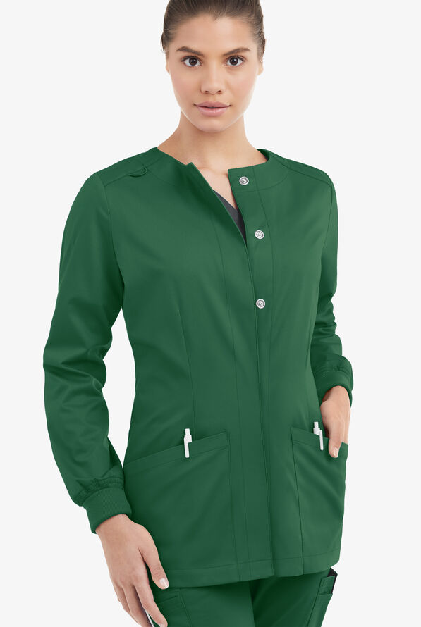 Butter-Soft STRETCH Women's 2-Pocket Long Sleeve Snap Front Scrub Jacket - Hunter - 2