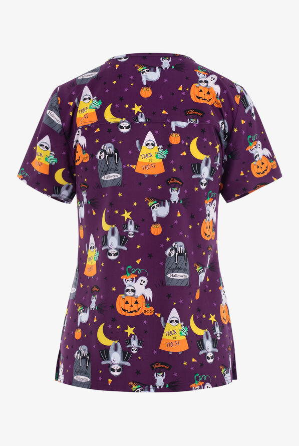 Cherokee  Genuine Spooktacular Sloths Women's 2-Pocket STRETCH V-Neck Print Scrub Top - null - 2