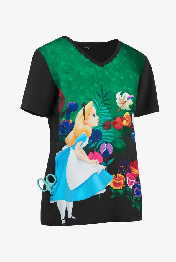 Cherokee Tooniforms Disney Wonderland Alice Women's 1-Pocket V-Neck Print Scrub Top - null - 3