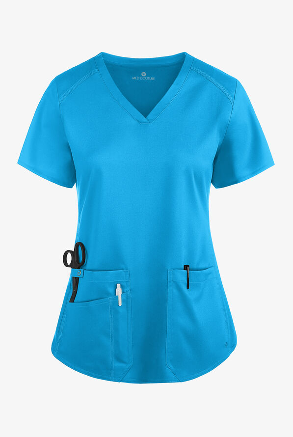 Med Couture Touch Women's 3-Pocket STRETCH Rib-Knit Side Panels Shirttail V- Neck Scrub Top - Mali-Blue Shore - 1
