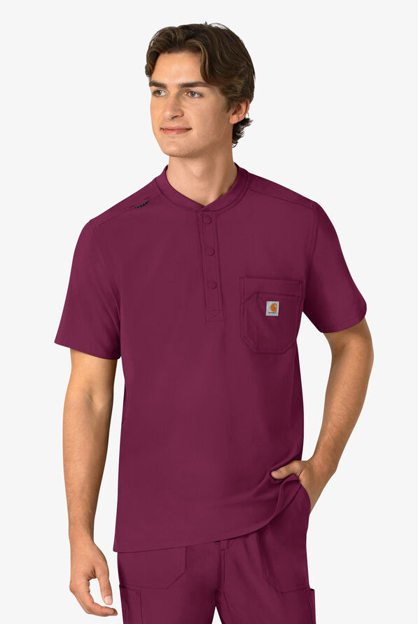 Carhartt Cross-Flex Men's 3-Pocket STRETCH Zip Pocket Henley Banded Collar Scrub Top - Wine - 2