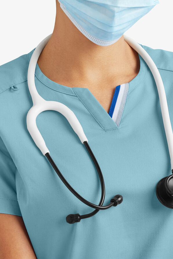 Butter-Soft STRETCH Women's 6-Pocket Short Sleeve Notch Placket with Sport Trim Detail Scrub Top - Dew Drop - 3