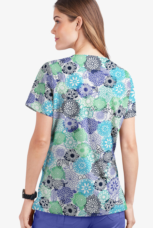 UA Butter-Soft STRETCH Danish Floral White Printed Women's 2-Pocket V-Neck Scrub Top - null - 2