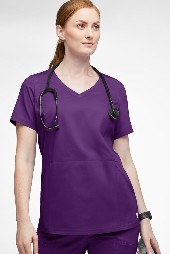 Blusa m&eacute;dica UA Butter-Soft STRETCH con detalle tejido y 3 bolsillos para mujer - Eggplant - 3