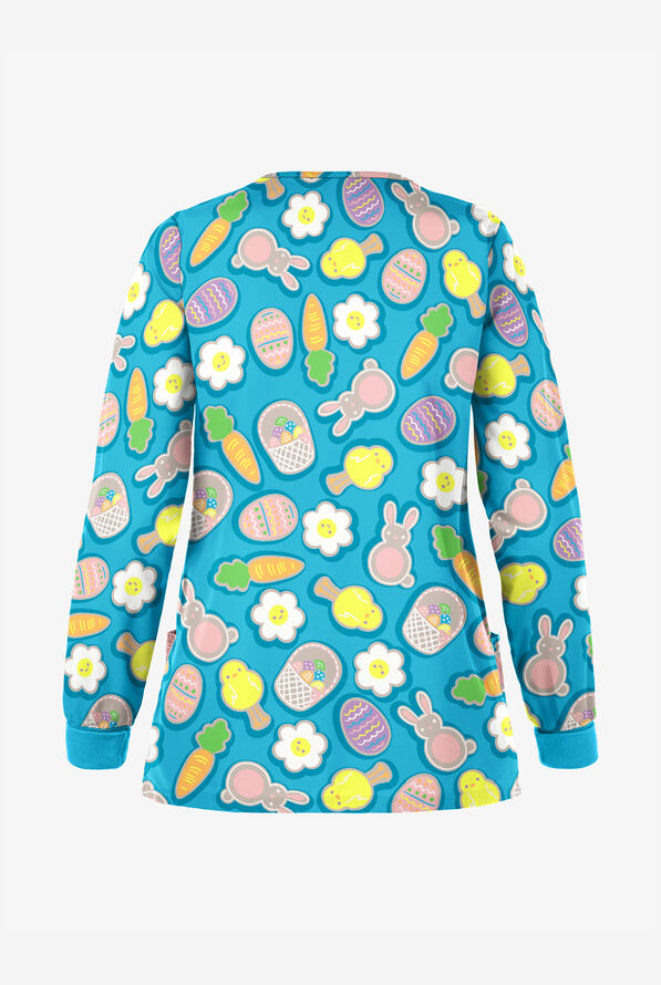 Butter-Soft Easter Cookies Turquoise Women's 2-Pocket Warm Up Print Scrub Jacket - null - 2