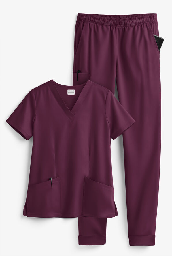 Tafford Active STRETCH Women's 5-Pocket Jogger Scrub Set - Dark Mulberry - 1