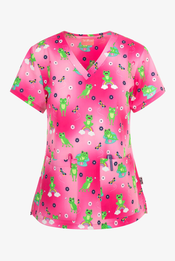 Zavate Ava Therese Frogtastic Women's 2-Pocket STRETCH V-Neck Print Scrub Top - null - 1