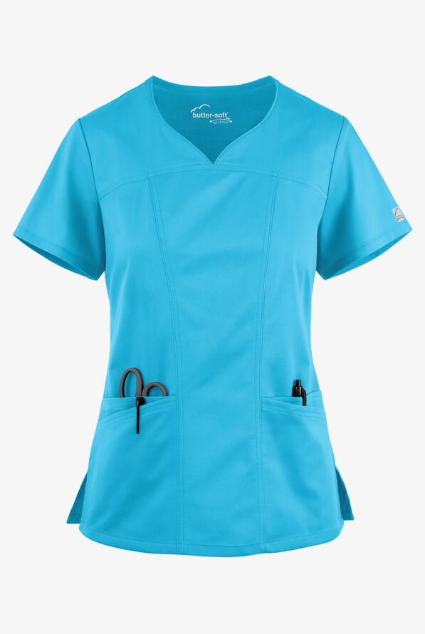 Butter-Soft STRETCH Women's 4-Pocket Sweetheart Neck Scrub Top - Turquoise - 1