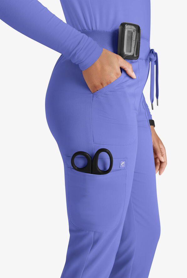 Cherokee Atmos Women's 4-Pocket STRETCH Coolmax Drawstring Cargo Half Jogger Scrub Pants - Ceil Blue - 2