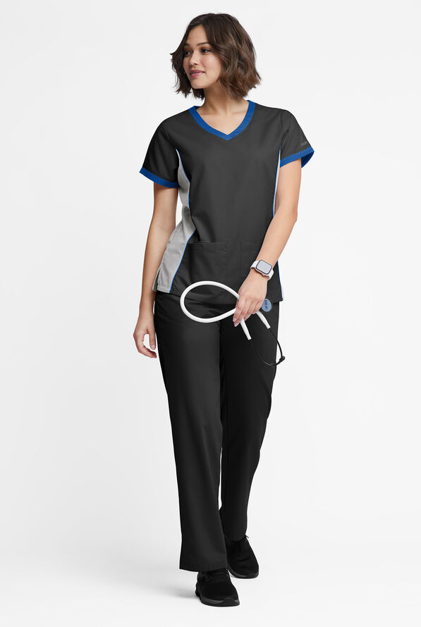 Blusa m&eacute;dica Butter-Soft Originals Tri-Colorblock con cuello en V y 4 bolsillos para mujer - Black/Silver/Royal - 4