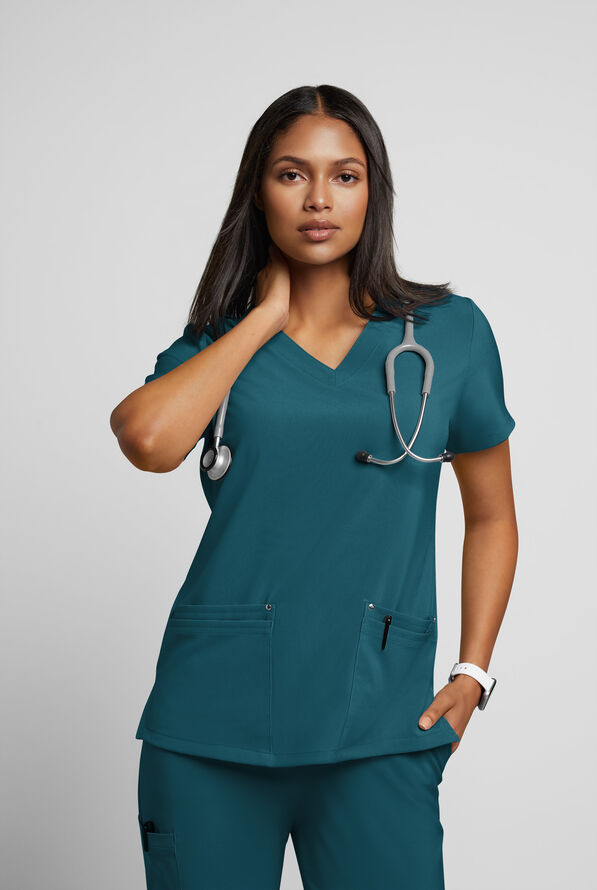Easy STRETCH Lina Mitered Women's 4-Pocket V-Neck Scrub Top - Caribbean Blue - 2