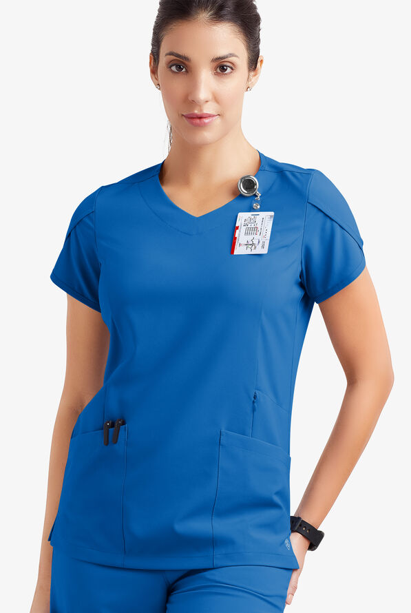 Easy STRETCH Daisy Women's 4-Pocket V-Neck Scrub Top with Petal Sleeves - Royal - 3
