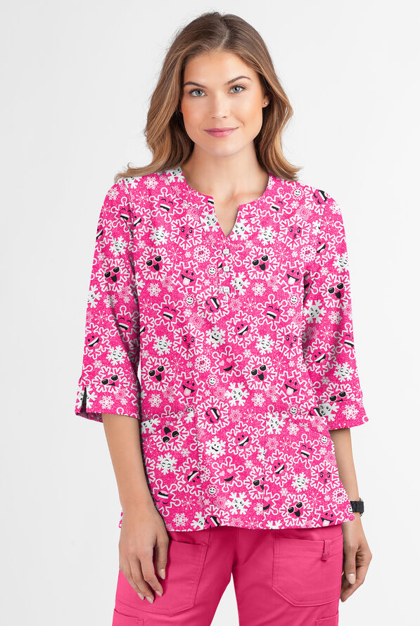 Butter-Soft Smiling Snowflakes Fuchsia Women's 2-Pocket Round Neckline Print Scrub Top - null - 2