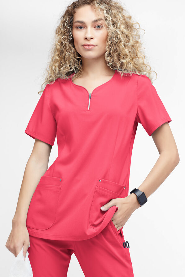 Blusa m&eacute;dica Easy STRETCH Arianna con cuello curvo y 4 bolsillos para mujer - Bright Watermelon - 2