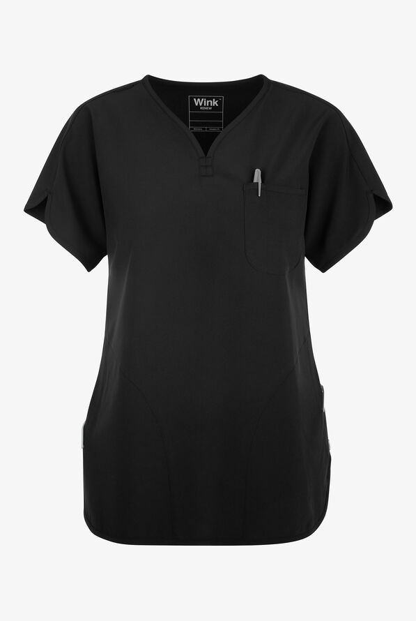 Wink Renew Women's 3-Pocket STRETCH Dolman Notch Sleeve Y-Neck Scrub Top - Black - 1
