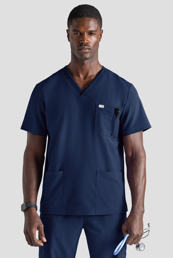 Easy STRETCH Men's 6-Pocket V-Neck Scrub Top - Navy - 1