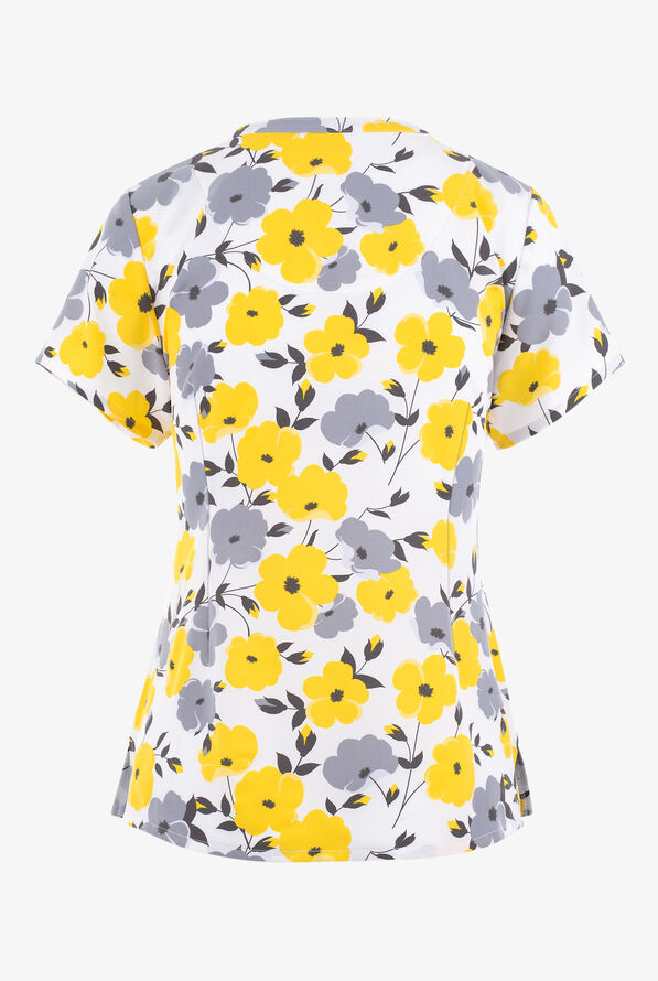 Maevn Sunshine Blossoms Floral Women's 3-Pocket STRETCH V-Neck Print Scrub Top - null - 2