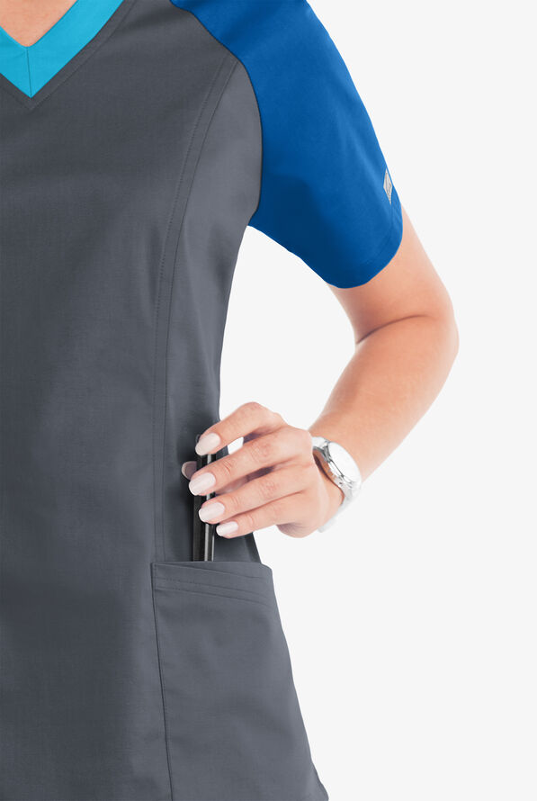 Butter-Soft STRETCH Women's 5-Pocket Active Color Block Scrub Top - Pewter/Royal/Turquoise - 3