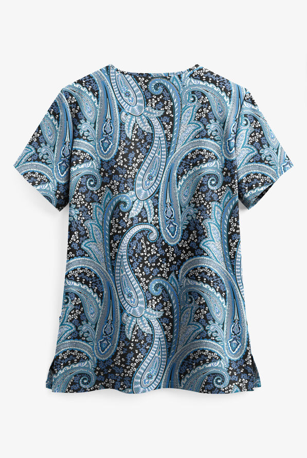Butter-Soft STRETCH Black Floral Paisley Women's 2-Pocket V-Neck Print Scrub Top - null - 2