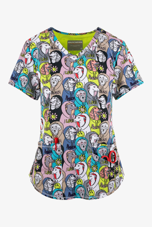 Blusa médica estampada Skechers Dog In The Hood STRETCH con cuello en V y 3 bolsillos para mujer - null - 1